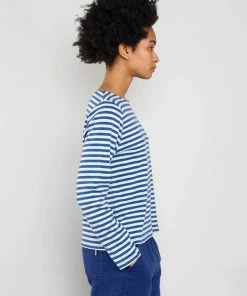 Folk Boat Neck T-Shirt In Woad & Ecru