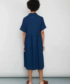 Folk Loom Dress In Indigo Spiral Texture