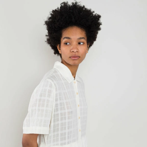 Folk Short Sleeved Loom Dress Natural Windowpane Check 4 Folk Short Sleeved Loom Dress Natural Windowpane Check