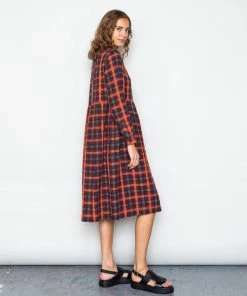 Folk LS Loom Dress Brick Red Windowpane