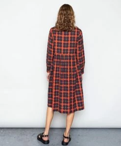 Folk LS Loom Dress Brick Red Windowpane