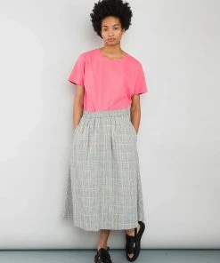 Folk Crinkle Check Skirt In Ecru