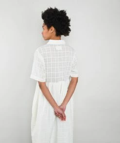 Folk Short Sleeved Loom Dress Natural Windowpane Check 9 Folk Short Sleeved Loom Dress Natural Windowpane Check