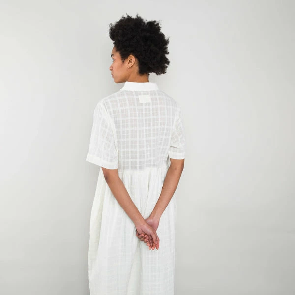Folk Short Sleeved Loom Dress Natural Windowpane Check 6 Folk Short Sleeved Loom Dress Natural Windowpane Check
