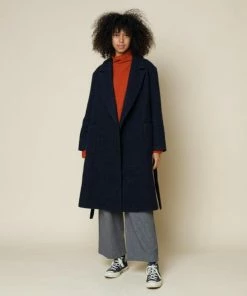 Folk Brushed Navy Robe Twill Coat Made In Portugal