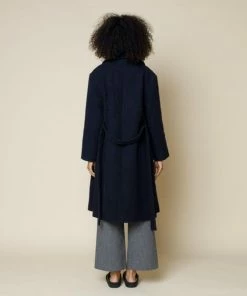 Folk Brushed Navy Robe Twill Coat Made In Portugal