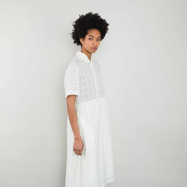 Folk Short Sleeved Loom Dress Natural Windowpane Check 3 Folk Short Sleeved Loom Dress Natural Windowpane Check