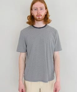 Folk 1x1 Stripe T-Shirt In Charcoal & Ecru