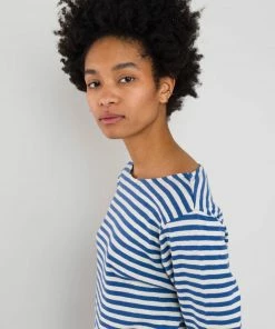 Folk Boat Neck T-Shirt In Woad & Ecru