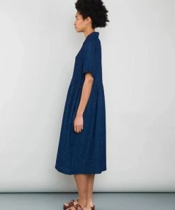 Folk Loom Dress In Indigo Spiral Texture
