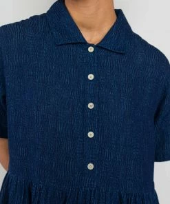 Folk Loom Dress In Indigo Spiral Texture