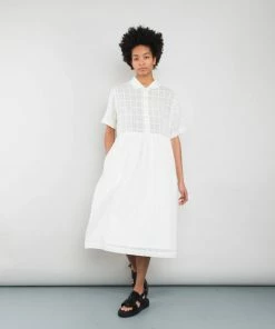 Folk Short Sleeved Loom Dress Natural Windowpane Check 8 Folk Short Sleeved Loom Dress Natural Windowpane Check
