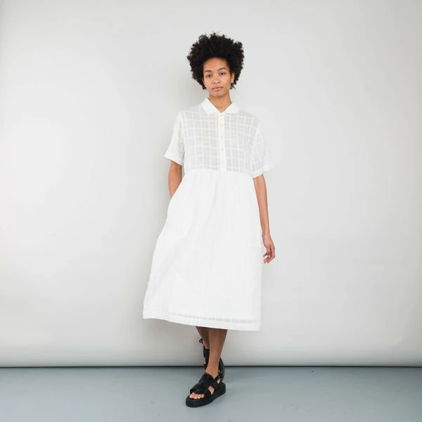 Folk Short Sleeved Loom Dress Natural Windowpane Check 5 Folk Short Sleeved Loom Dress Natural Windowpane Check