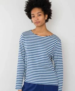 Folk Boat Neck T-Shirt In Woad & Ecru