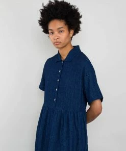 Folk Loom Dress In Indigo Spiral Texture
